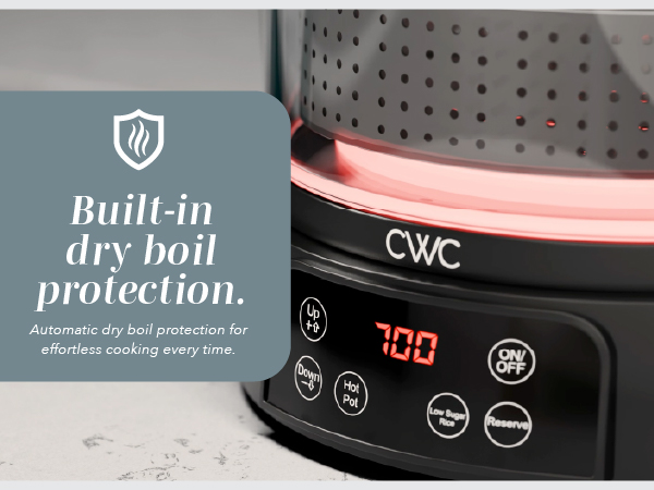Rice cooker with built-in dry boil protection ensures safe, reliable, and efficient cooking.