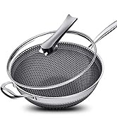 NAWESRVA 13.4” Stainless Steel Wok Pan with Lid – Honeycomb Non Stick Stir Fry Pan for Induction,...