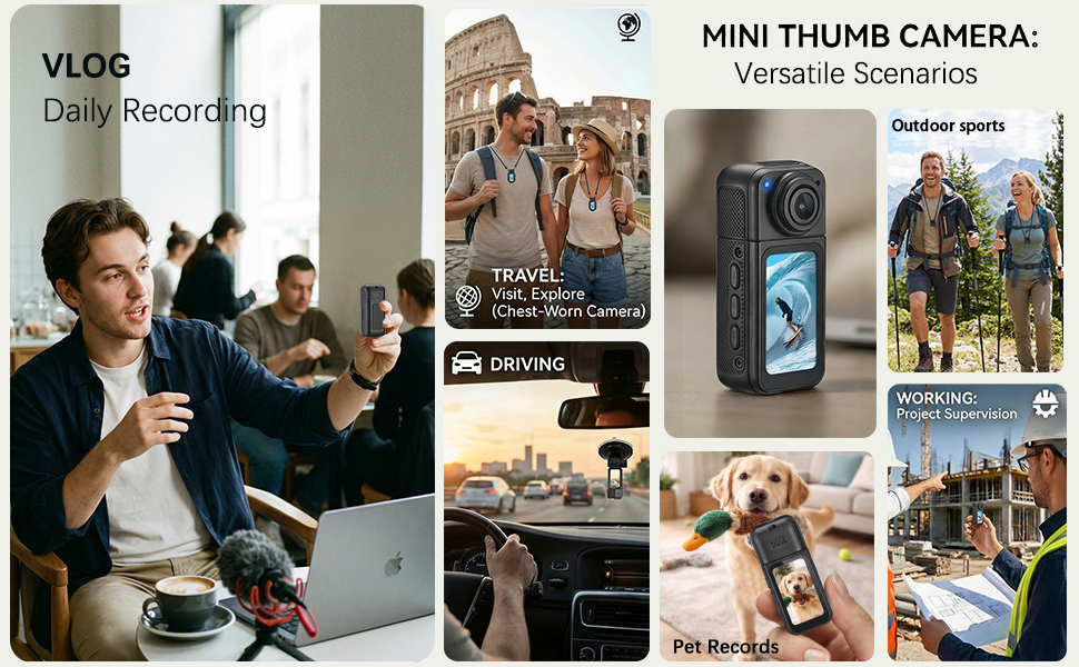 various usage scenario of mini body camera, daily vlog, working , ourdoor, driving , pet record