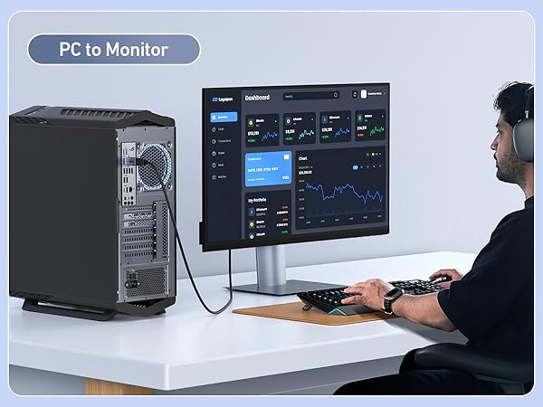 Text reads 'PC to Monitor'. Wider view of same computer setup on white desk, showing desktop tower, monitor with blue interface, and person using system.