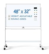 Large Dry-Erase Rolling Magnetic Whiteboard - 48 x 32 Inches White Board Height Adjust Double Sid...