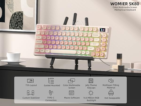 Pink Mechanical Gaming Keyboard 75% with Color Multimedia Display Jelly Keyboard Wired