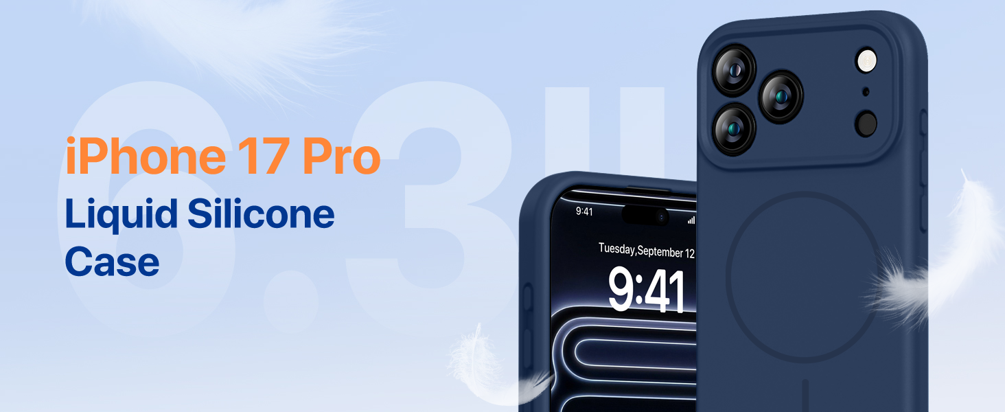 Text reads 'iPhone 17 Pro Liquid Silicone Case'. Marketing image showing iPhone case views from multiple angles, displaying camera cutouts and thin profile design.