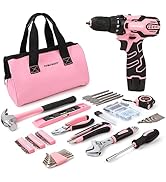 COMOWARE 12V Pink Cordless Drill Driver and Home Tool Kit, Pink Drill Set for Women, Lady's Home ...