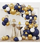 RUBFAC Navy Blue Gold Balloon Garland Arch Kit, 167pcs Royal Blue Gold White Balloons with Gold C...
