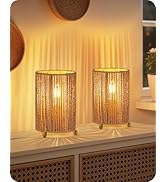 GOEBLESON Small Rattan-Style Table Lamps Set of 2, Boho Bedside Lamp with Handwoven Paper Lampsha...
