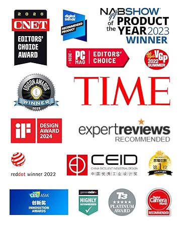 Text reads 'TIME' with collection of award and certification logos including CES, NAB Show Product of the Year, PC Editors' Choice, Red Dot, and iF Design awards.