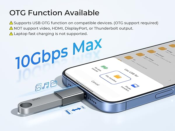 Text reads: 'OTG Function Available', '10Gbps Max'. Technical product images showing USB device connectivity features and specifications.