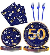 Wiooffen 96 Pcs 50th Birthday Party Blue and Gold Party Decoration For Birthday Party Tableware S...