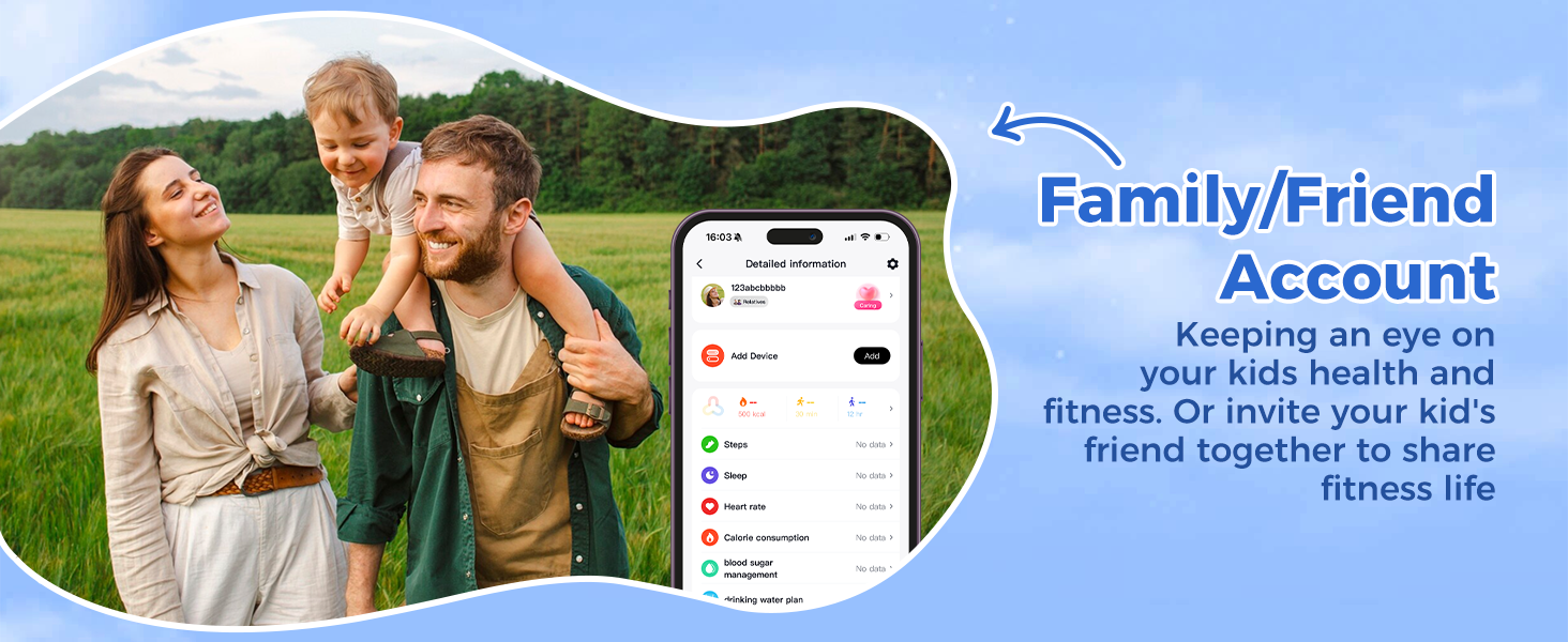 Smartphone screen displaying a fitness app interface with colorful icons and text. Shows 'Family/Friend Account' feature for tracking health and inviting others to share fitness goals.