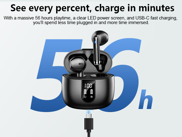 Text reads 'See every percent, charge in minutes' 'With a retainer 50 hours playback, a clear LED power screen, and USB-C fast charging you'll spend less progress.' Product charging interface display shown.