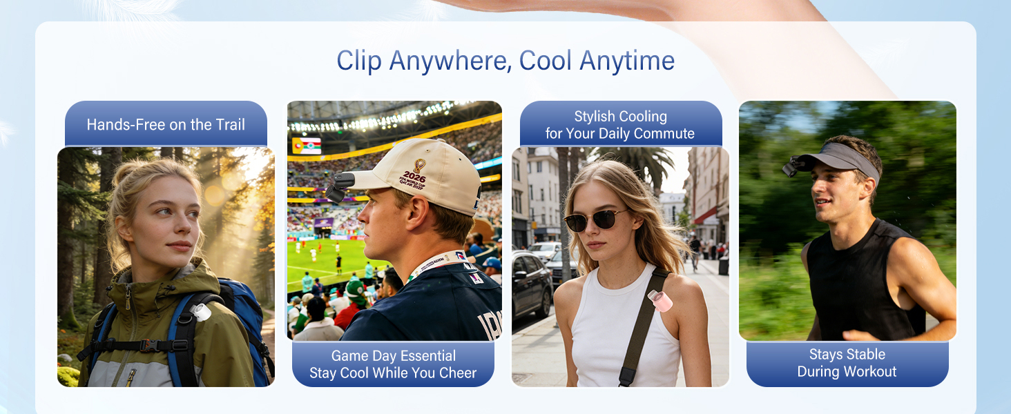 Hands-free clip fan for hiking golf trail running and daily commute stays stable during movement