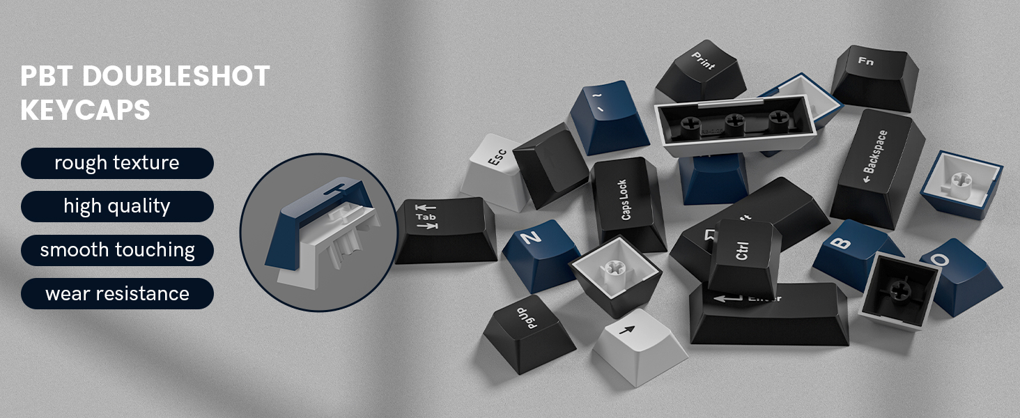 Double Shot PBT keycaps, Cherry Profile Keyboard Key cap, black blue white Custom keycaps 75 Percent