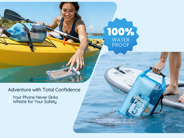 The waterproof dry bag includes an upgraded phone pouch and a loud dual-tone emergency whistle