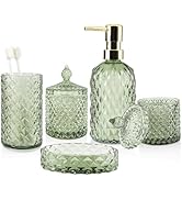 5Pcs Glass Bathroom Accessories Set,Green Vintage Bathroom Accessory Set, Bathroom Counter Sink T...