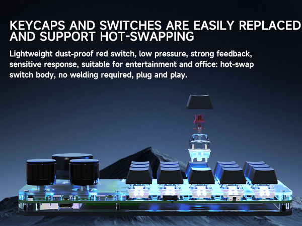 Illuminated keyboard switches on a circuit board. Text describes easy replacement, hot-swapping capability, and features like dust-proof design and strong tactile feedback.