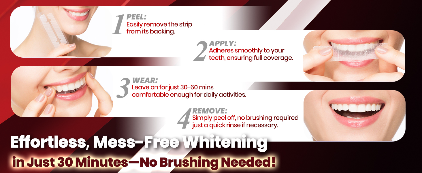 Text reads 'Effortless, Mess-Free Whitening'. Step-by-step dental product application instructions showing numbered sequences 1-4 with demonstration images.