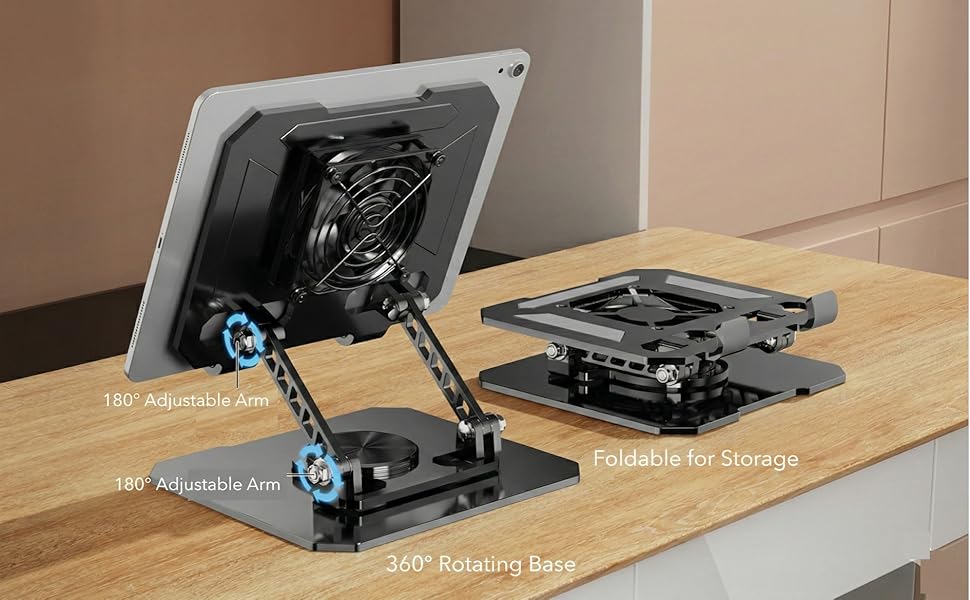 Adjustable and foldable laptop cooling stand with 180-degree arms and 360-degree rotating base