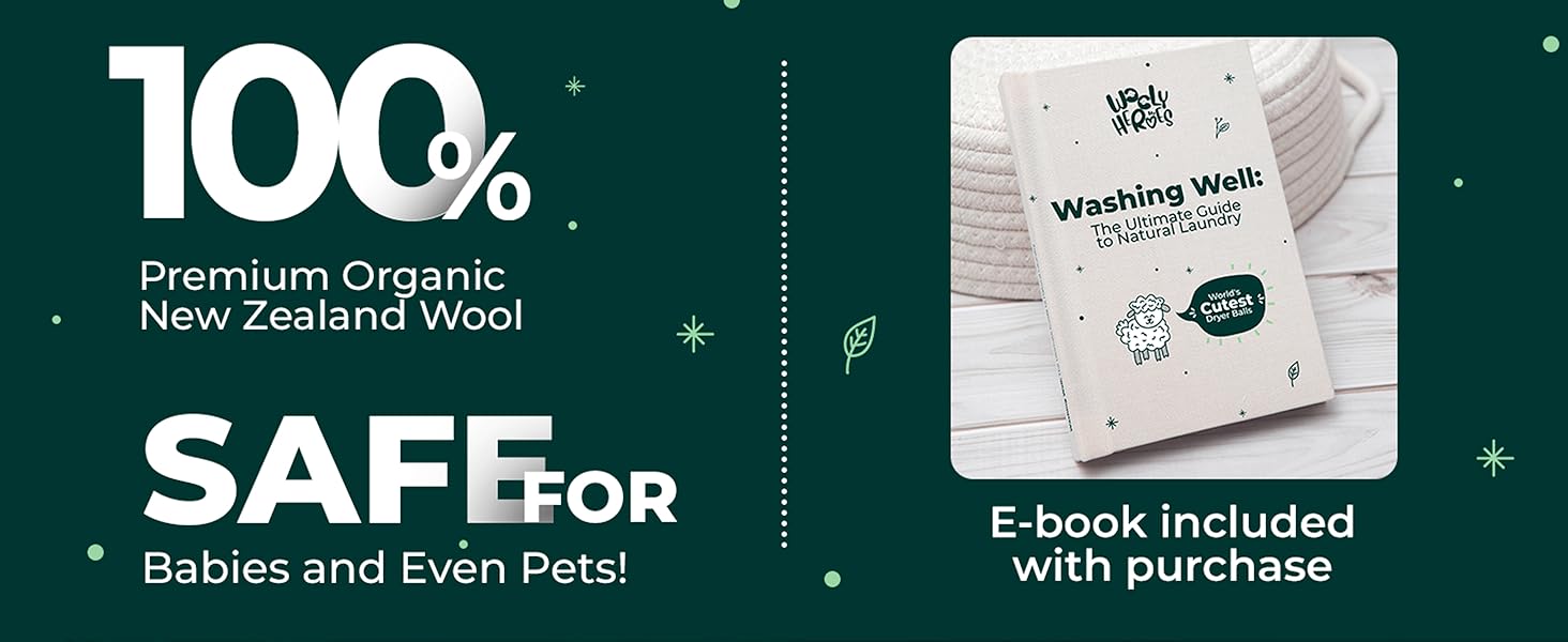 Natural wool laundry balls with eco-friendly care e-book included