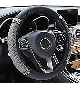 AOCISKA Bling Leather Steering Wheel Cover,Universal Non-Slip Colorful Rhinestones Elastic Steeri...