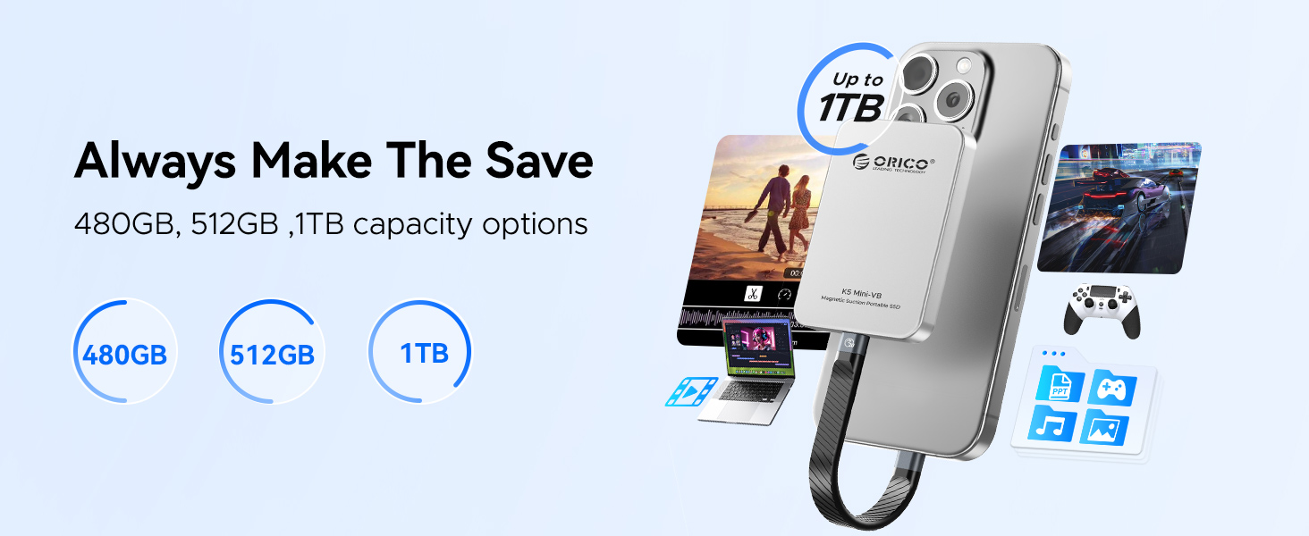 Text reads 'Always Make The Save' and '480GB, 512GB, 1TB capacity options'. Product display showing portable storage device in white with multiple capacity options indicated by icons.