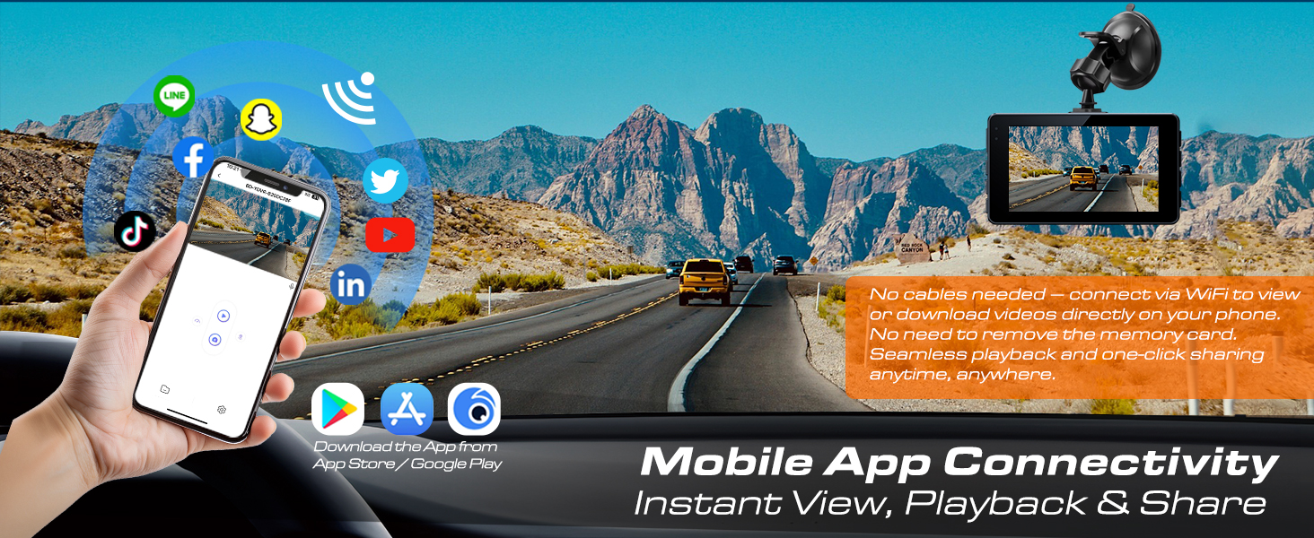 dash cam with mobile app connectivity, instant view playbak &amp;amp; share