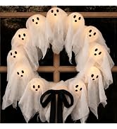 Halloween Decorations Outdoor - 22” Cute Lit Ghost Wreath with 8 Light Modes, Timer and Remote - ...