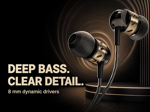 Mobile view of Betron AX5 wired earbuds highlighting deep bass and clear detail