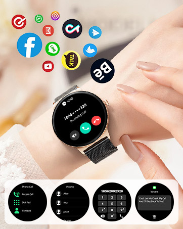 Smartwatch with round display showing incoming call screen. Various app icons float above. Bottom shows additional watch screens: contacts, dialer, and settings menu.