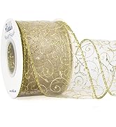 Ribbli Swirl Glitter Wired Ribbon, Ivory Organza Sheer Ribbon with Gold Glitter Swirl Pattern and...