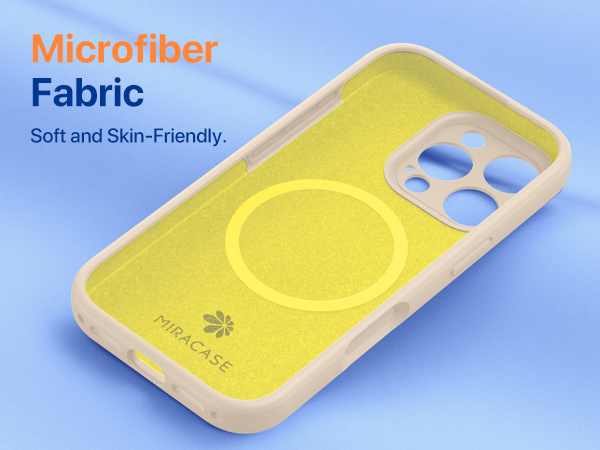 Text reads 'Microfiber Fabric' and 'Soft and Skin-Friendly.' Bright yellow phone case with cushioned frame design on blue background, featuring protective corner reinforcement.