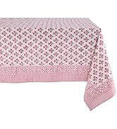 ATOSII Gulbahar White Pink 100% Cotton Fall Rectangle Tablecloth, Hand Block Print Washable Table...