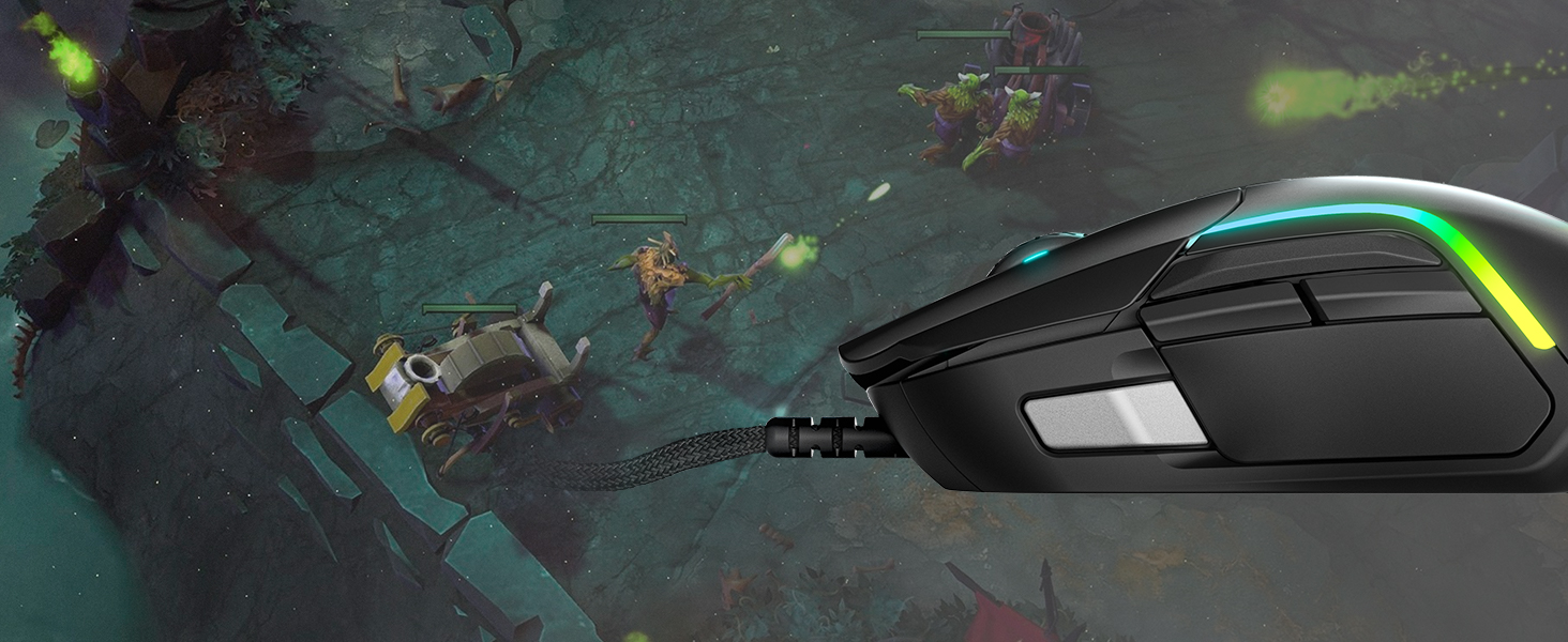 -Left side of SteelSeries Rival 5 mouse on top of Dota 2 in-game screen