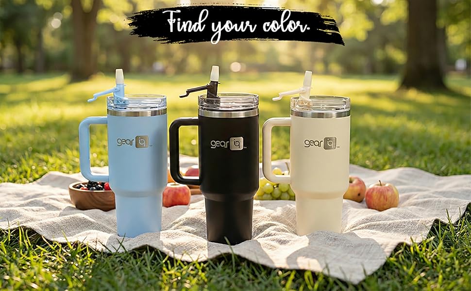 GEAR IQ 40 oz insulated tumbler available in black, sand, and ice blue
