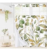 Litabel No Hooks Green Gold Plant Leaves Shower Curtain Set with Snap-in Liner, Hotel Tropical Fl...