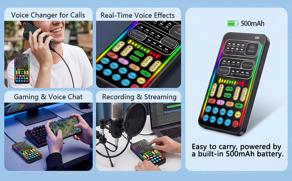 Portable voice changer with 500mAh battery for calls, gaming, and recording.