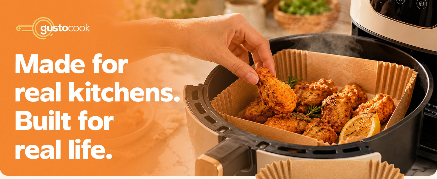 Gusto unbleached kraft air fryer liners stacked, made for everyday real kitchen use