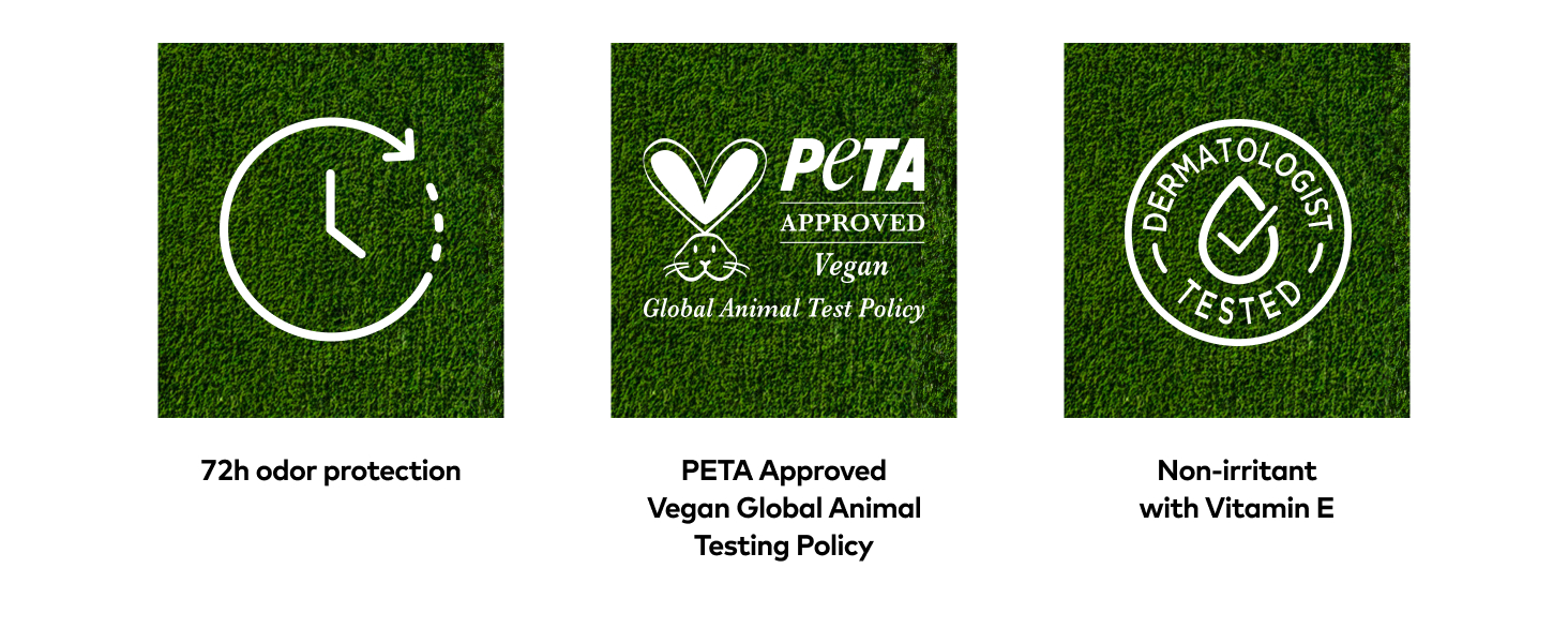 3 images: a clock with 72H odor protection, PETA Vegan Approved logo &amp;amp; Dermatologist Tested logos.