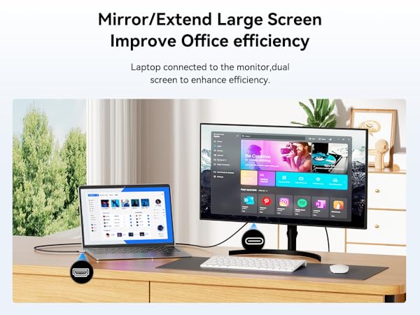 Text reads "Mirror/Extend Large Screen Improve Office Efficiency". Multiple images showing computer monitors and laptop setups in office environments.