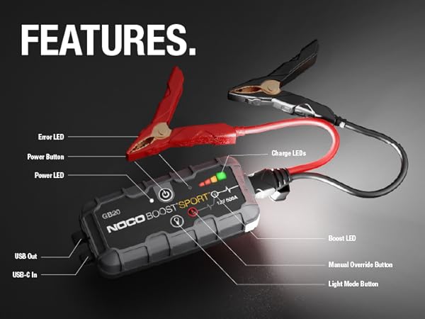 Features. Includes USB in and out ports, LED flashlight, and manual override button.