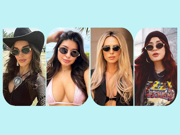 Four panels showing women wearing sunglasses in different styles. Various hair colors and accessories visible against a light blue background.