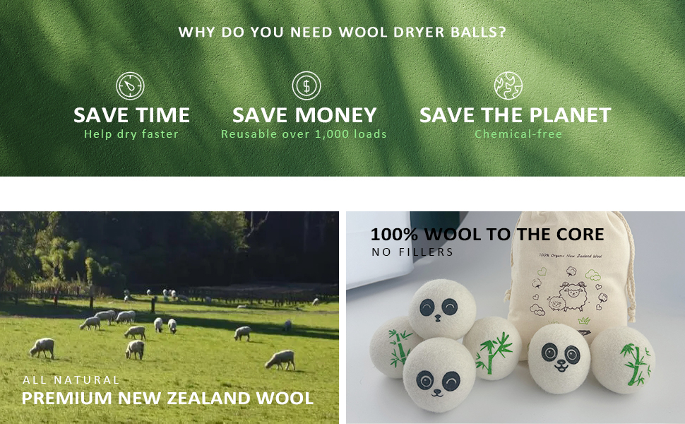 100% New Zealand Wool dryer Balls with cute Panda Cartoon Design 6 in 1 Pack
