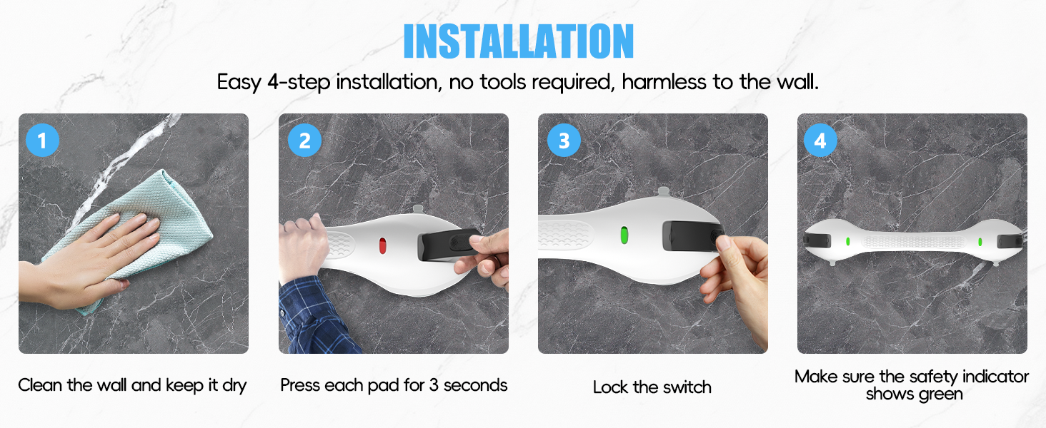 Easy 4-step installation, no tools required, harmless to the wall.