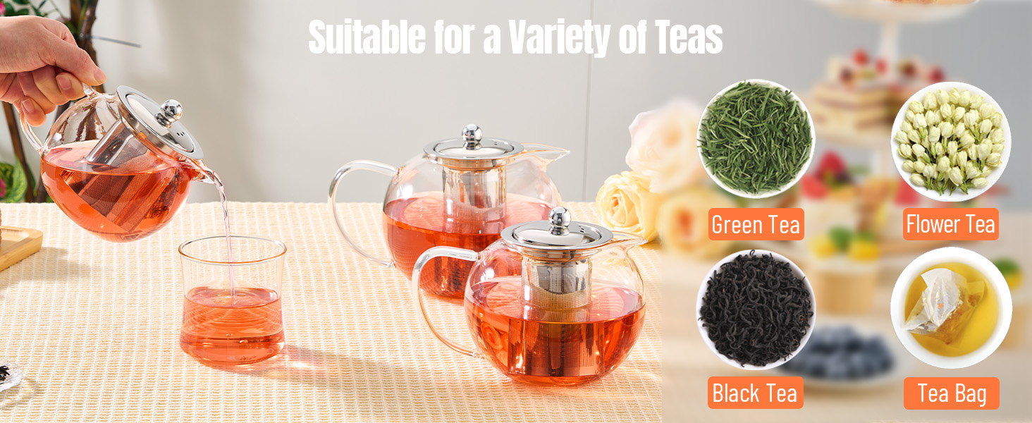 Glass Teapot Stovetop 22 OZ/650ml, Tea pot with Removable 18/8 Stainless Steel Infuser