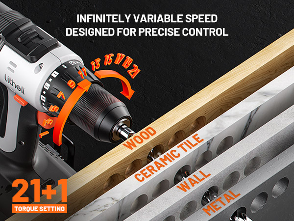Power drill advertisement showing variable speed control features and multiple material applications including wood, ceramic, and metal, with 21+1 torque settings.