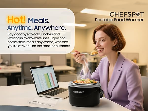 Woman using electric lunch box at desk with hot meal, portable food warmer for office use