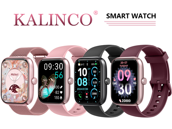 Text reads 'KALINCO SMART WATCH'. Product lineup showing multiple smartwatch models with different colored bands including pink, burgundy, and black. Digital watch faces display various metrics.