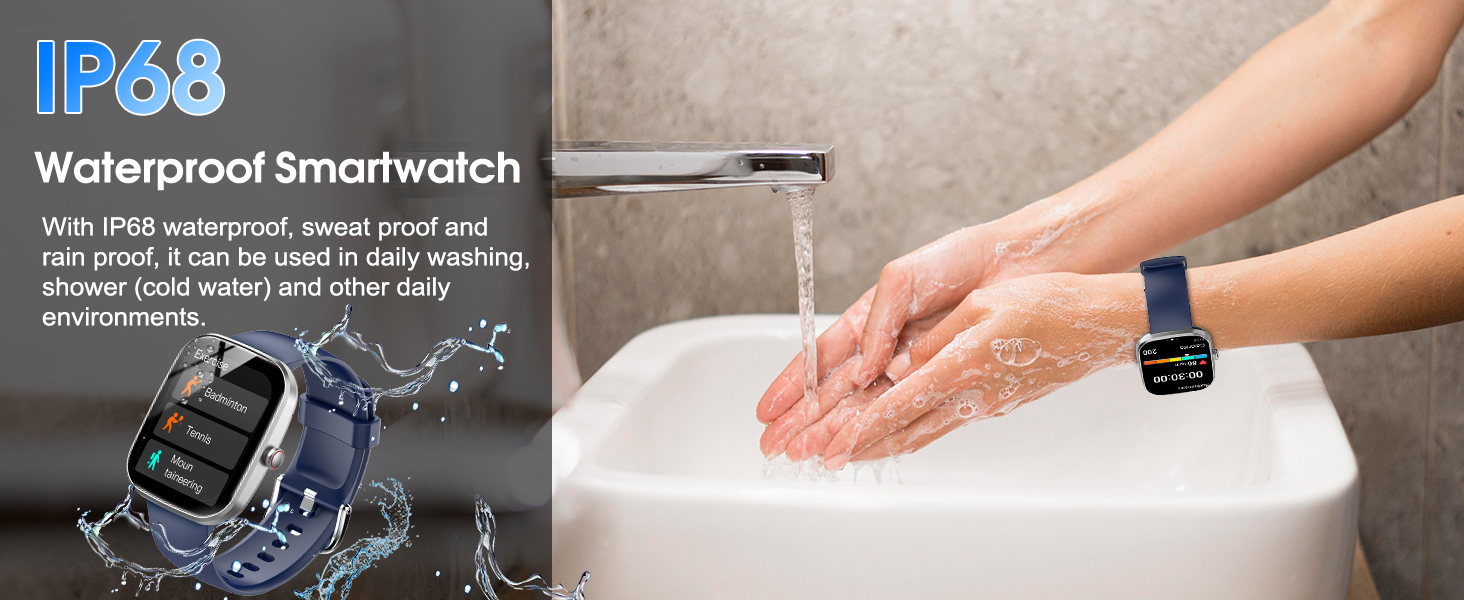 Waterproof smartwatch with IP68 rating shown underwater and being washed under running water, demonstrating its water-resistant capabilities.