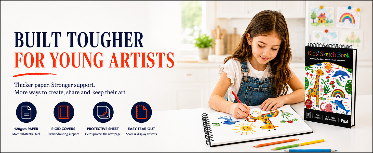 Fuxi kids sketch book using 9 x 12 drawing sheets, rigid covers, top spiral and tear-out pages.