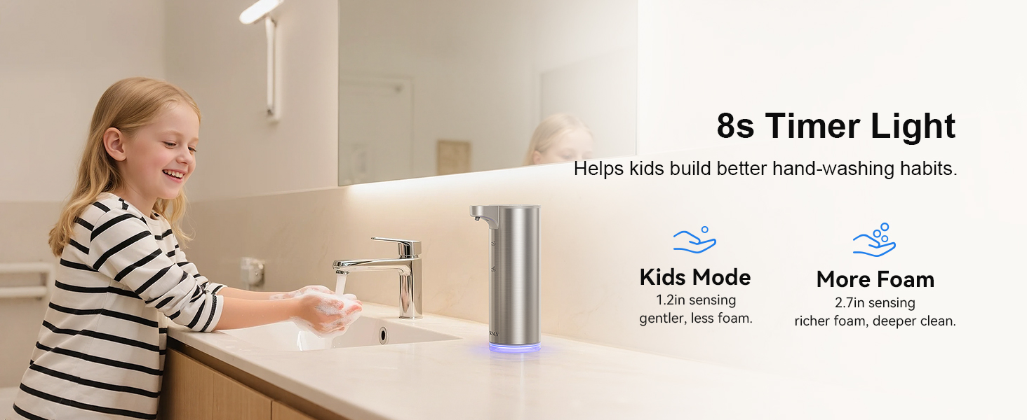 Soap dispenser with kids mode and timer light, gentle foam and good for kids hand washing.